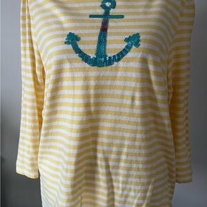 Talbots Yellow and White Striped Top with Teal Anchor